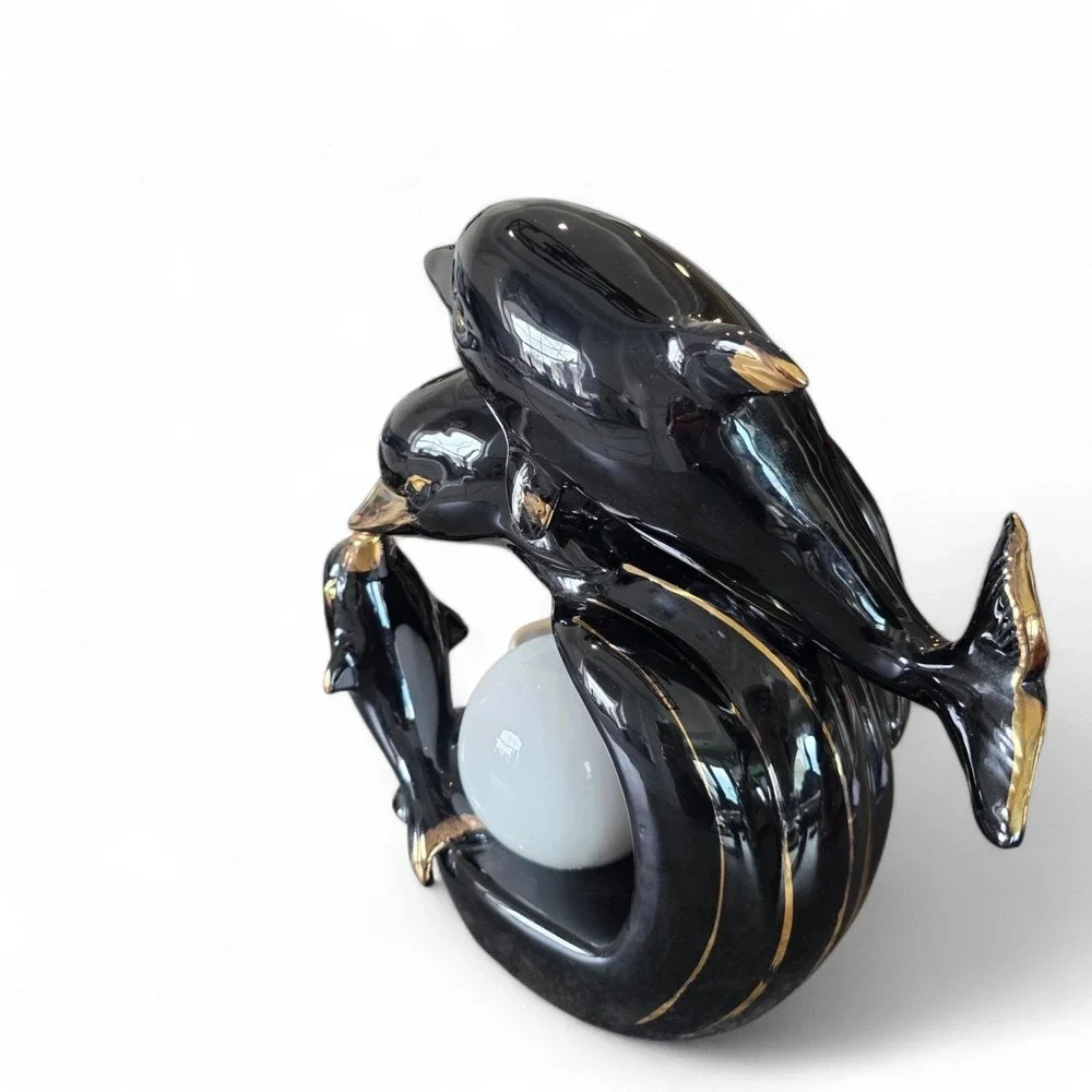 Vintage Dolphins TV Lamp 50's Black And Gold mcm Working Unique Gift
